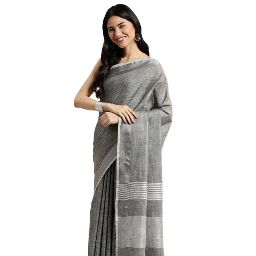 Women's Linen Cotton Printed Saree — Dark Grey