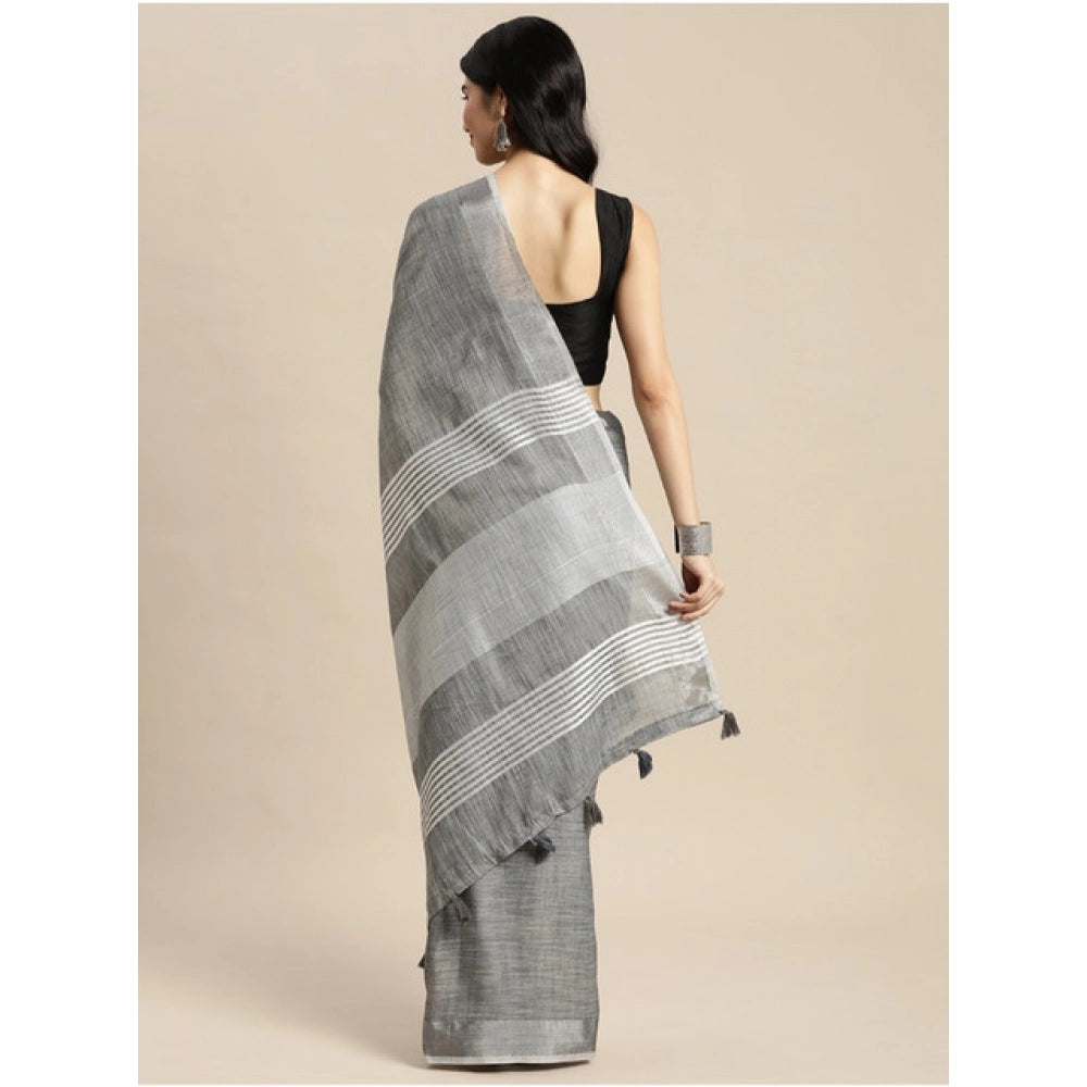 Women's Linen Cotton Printed Saree — Dark Grey