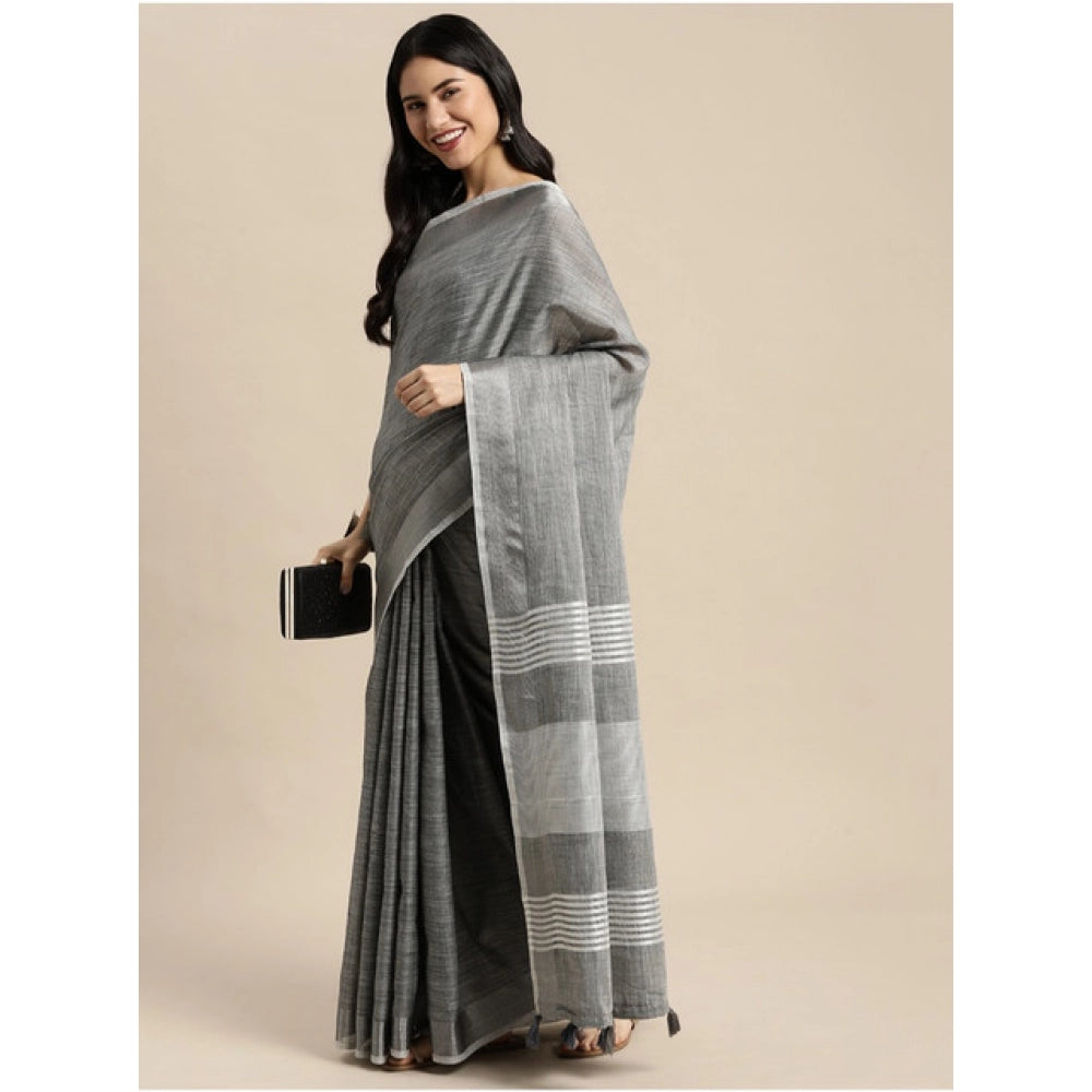 Women's Linen Cotton Printed Saree — Dark Grey