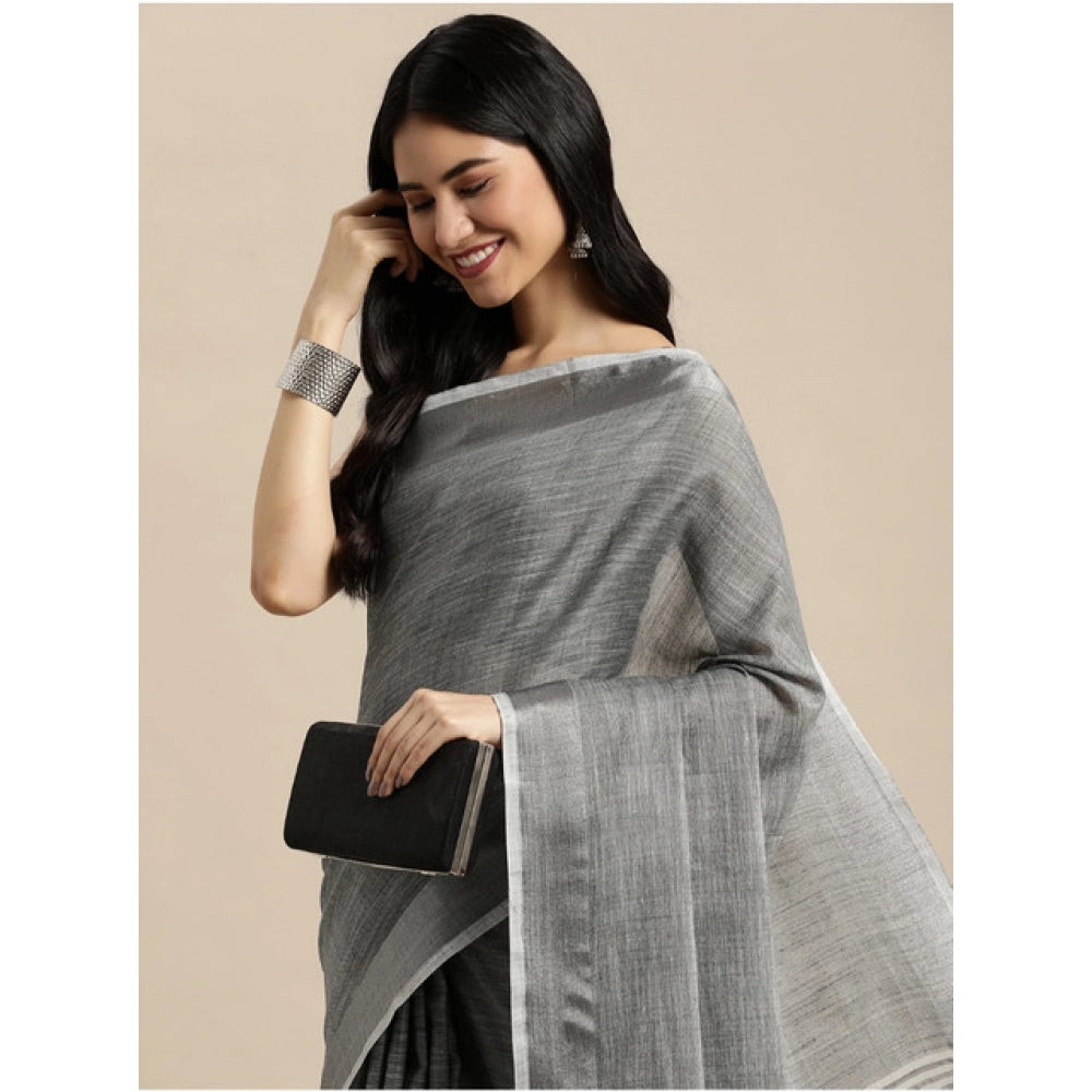 Women's Linen Cotton Printed Saree — Dark Grey