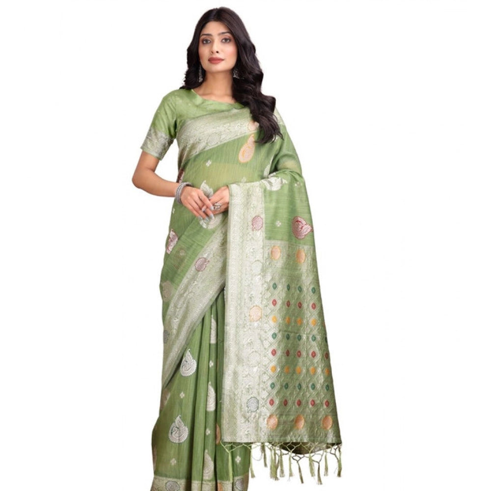 Women's Linen Cotton Printed Saree — Light Green · 1025