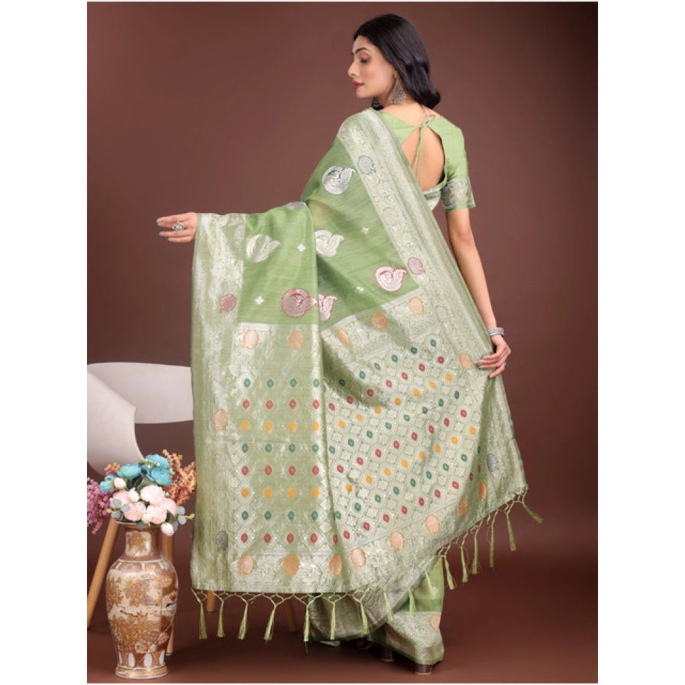 Women's Linen Cotton Printed Saree — Light Green · 1025