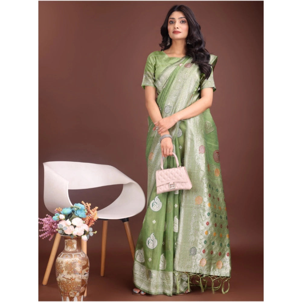 Women's Linen Cotton Printed Saree — Light Green · 1025