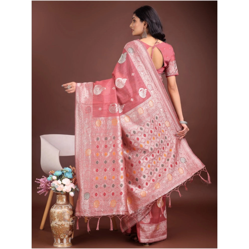 Women's Linen Cotton Printed Saree — Pink · 1026