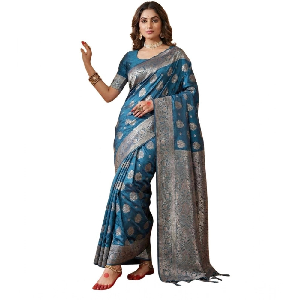 Women's Silk Blend Printed Saree — Teal Blue · 1028