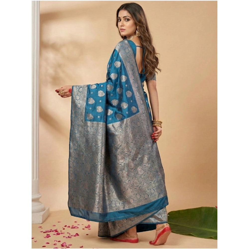 Women's Silk Blend Printed Saree — Teal Blue · 1028