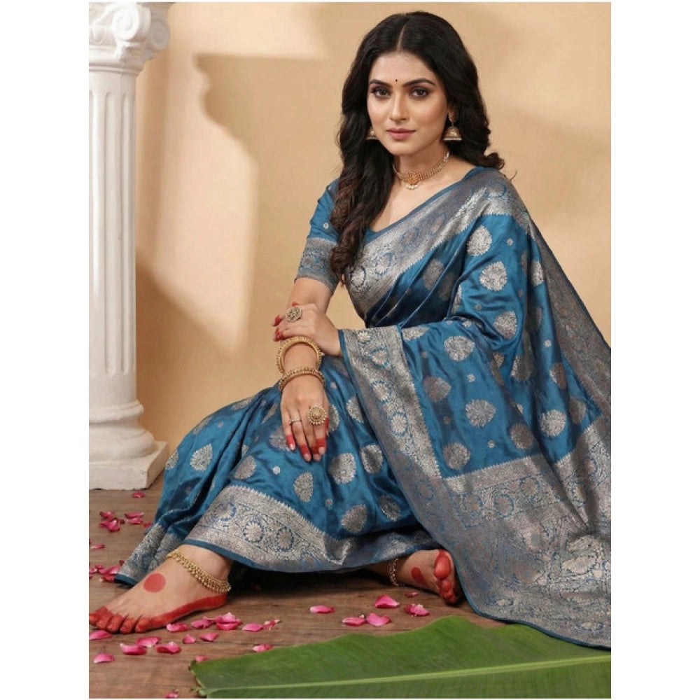 Women's Silk Blend Printed Saree — Teal Blue · 1028