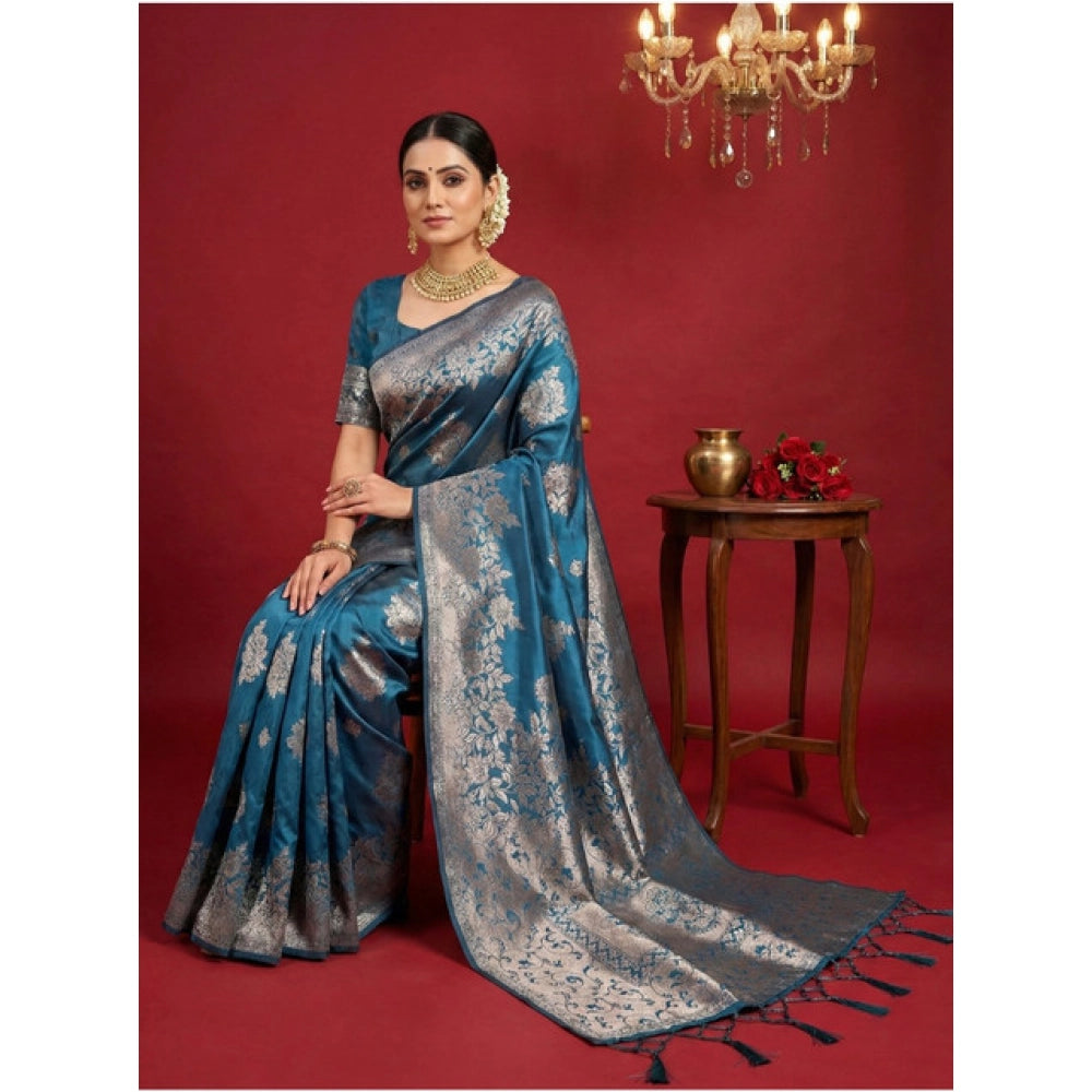Women's Silk Blend Printed Saree — Teal Blue · 1036