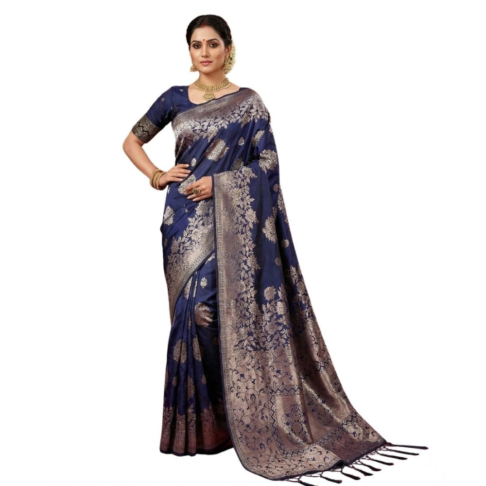 Women's Silk Blend Printed Saree — Navy Blue · 1038