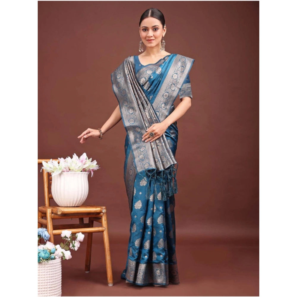 Women's Banarasi Silk Printed Saree — Teal Blue · 1040