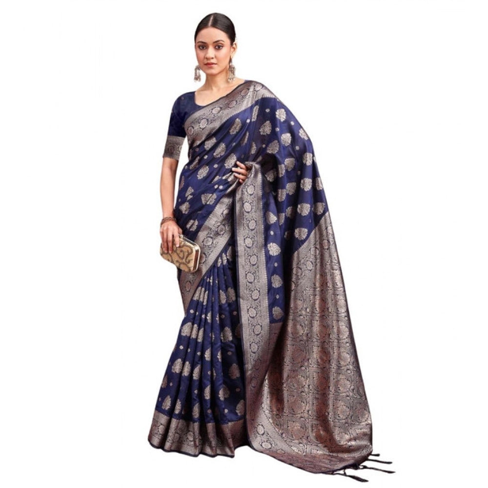 Women's Banarasi Silk Printed Saree — Navy Blue · 1042