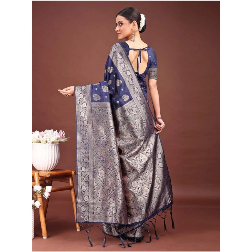 Women's Banarasi Silk Printed Saree — Navy Blue · 1042
