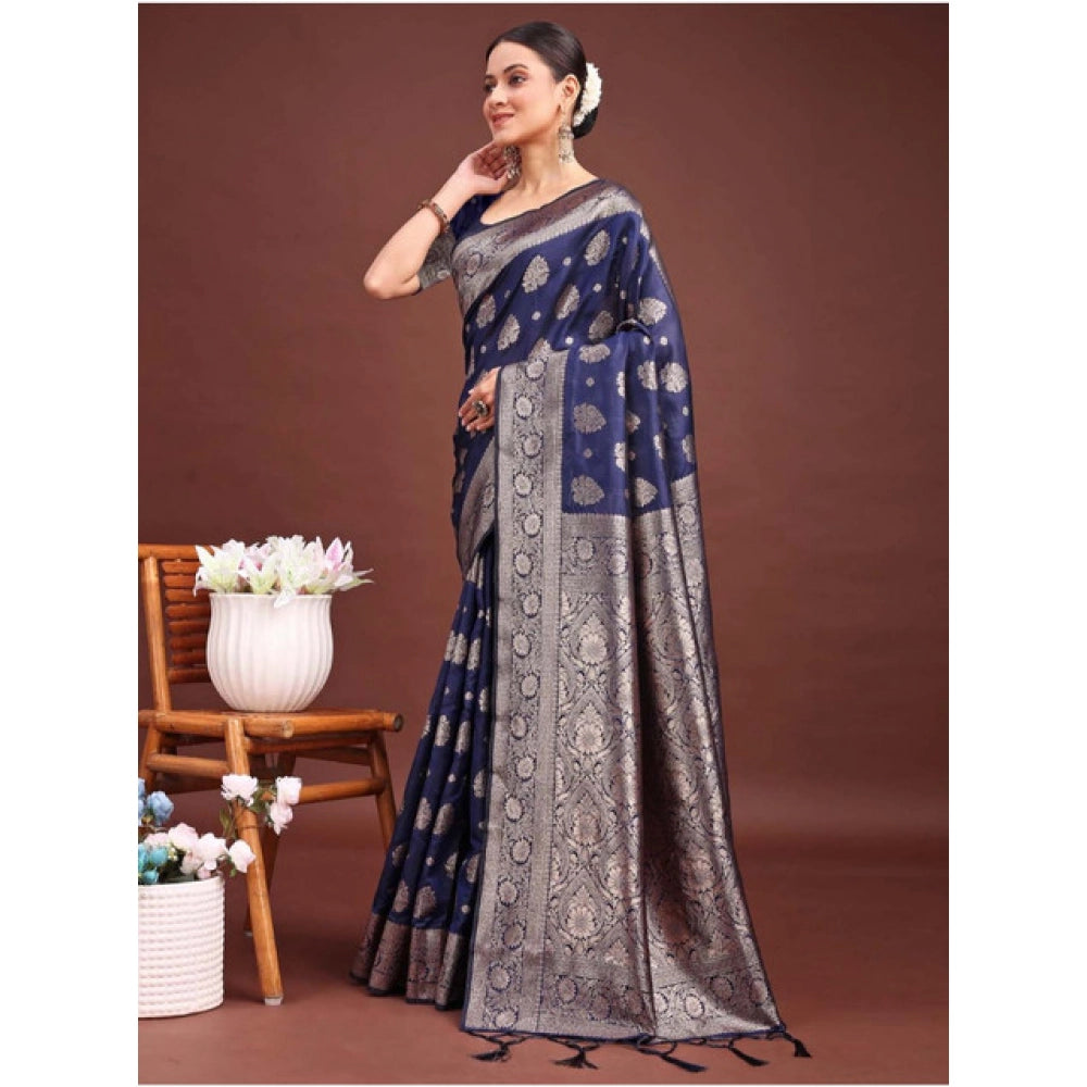 Women's Banarasi Silk Printed Saree — Navy Blue · 1042