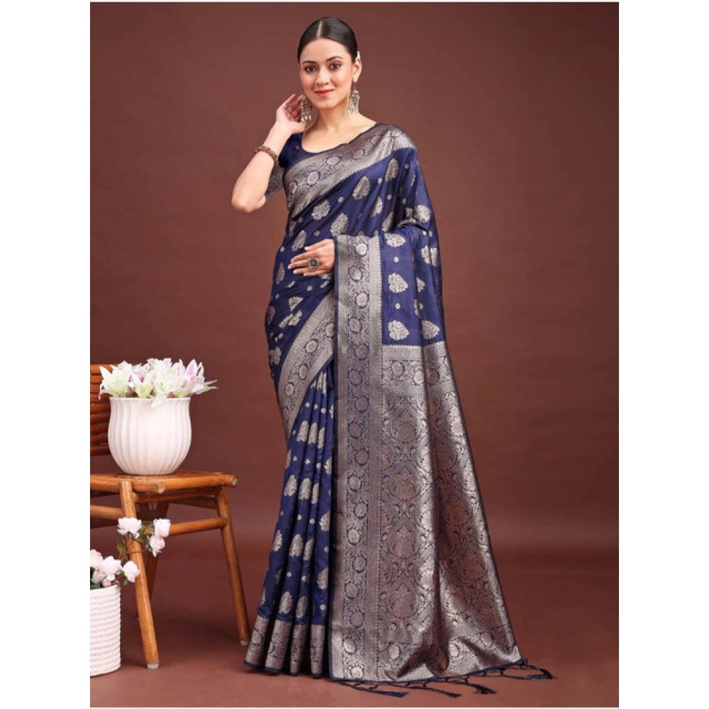 Women's Banarasi Silk Printed Saree — Navy Blue · 1042