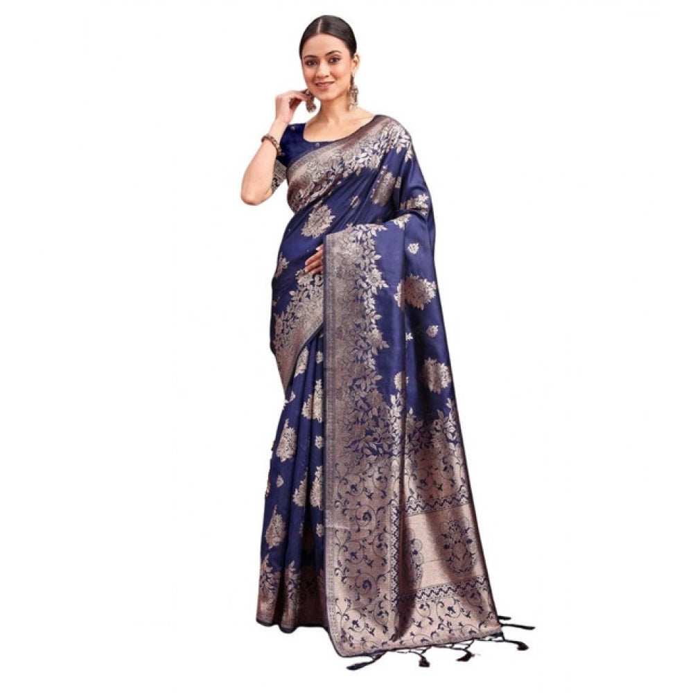 Women's Banarasi Silk Printed Saree — Navy Blue · 1050