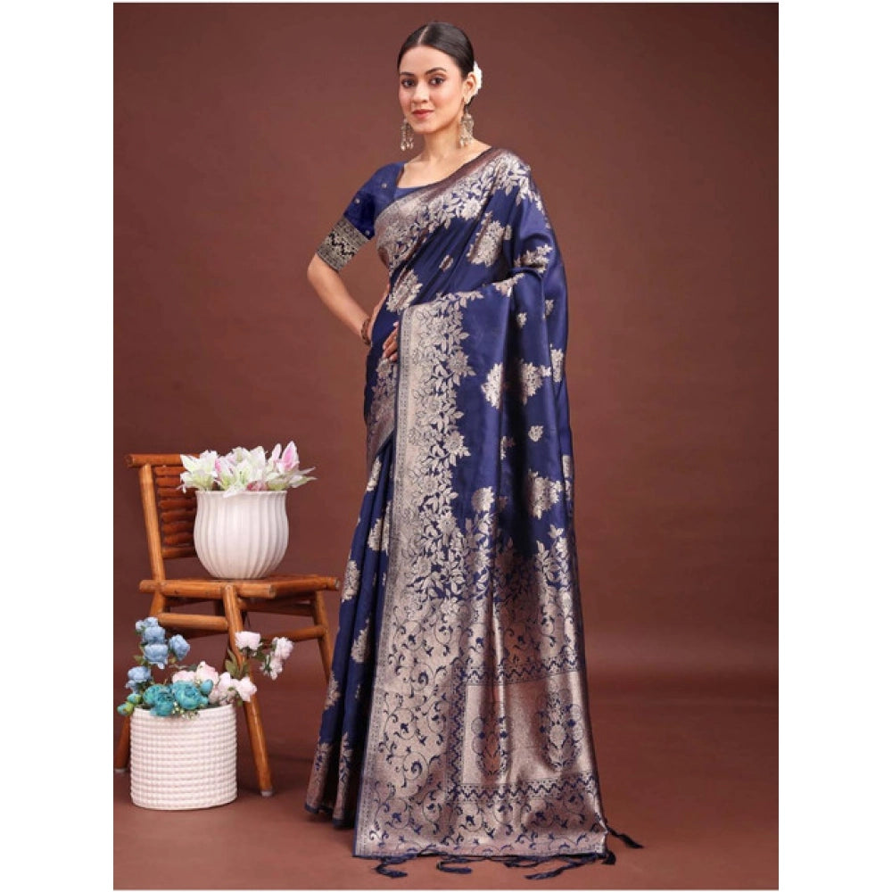 Women's Banarasi Silk Printed Saree — Navy Blue · 1050