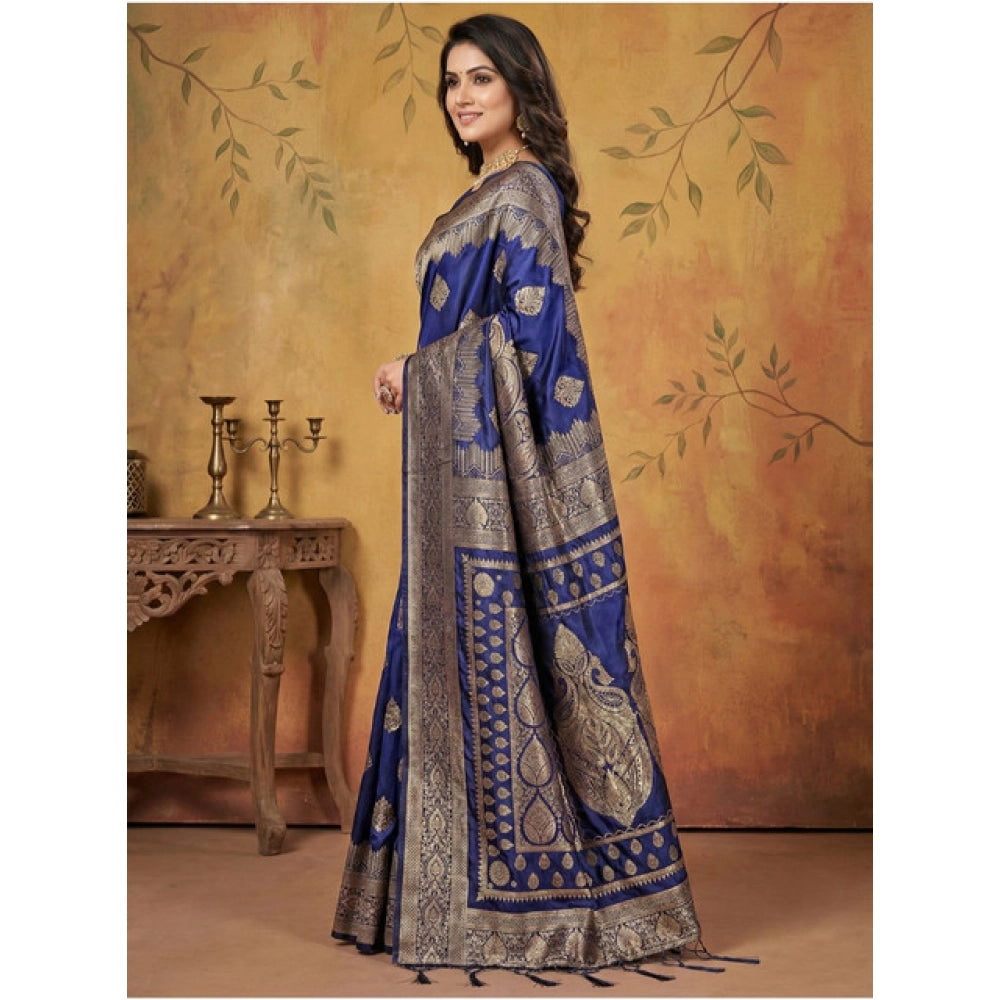 Women's Silk Blend Printed Saree — Navy Blue · 1056