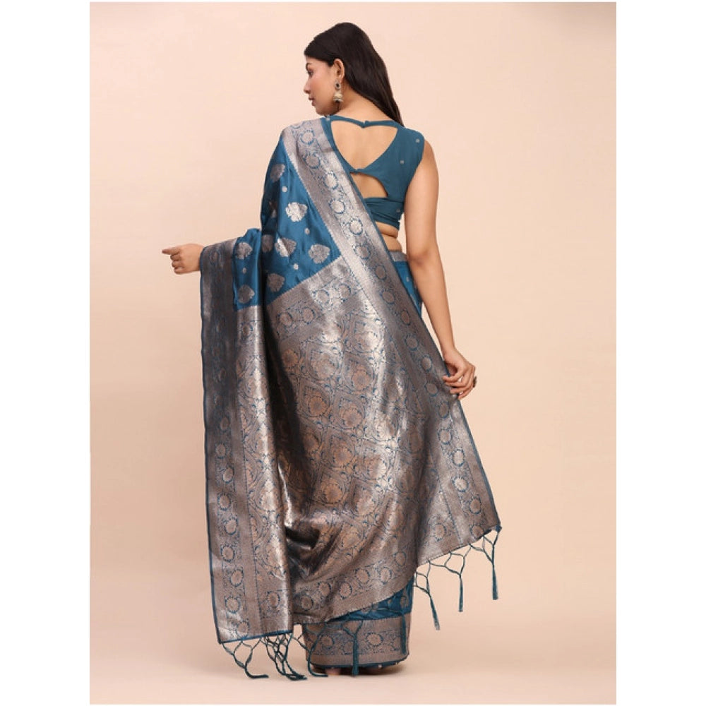 Women's Banarasi Silk Printed Saree — Teal Blue · 1062