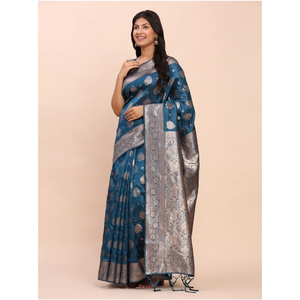 Women's Banarasi Silk Printed Saree — Teal Blue · 1062