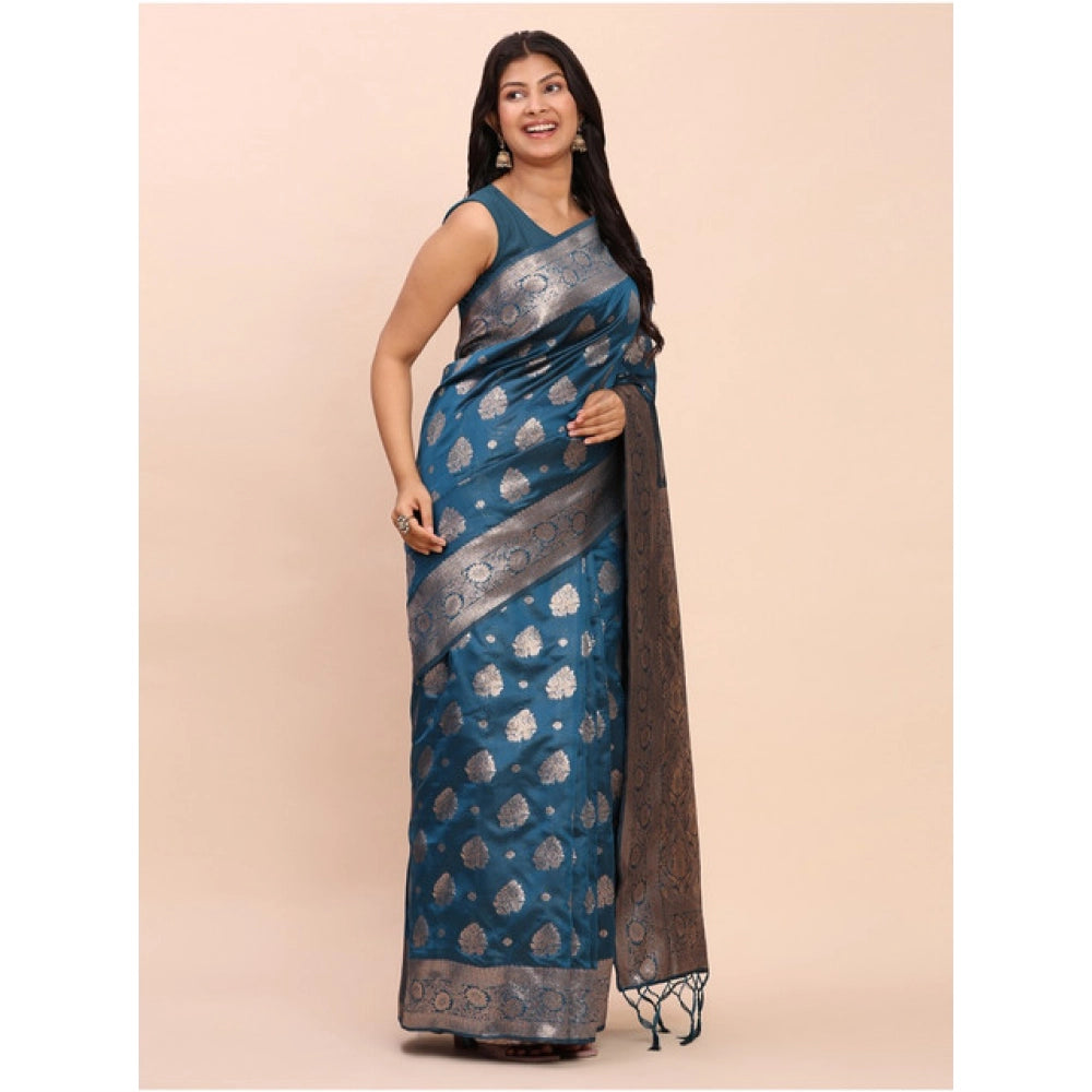 Women's Banarasi Silk Printed Saree — Teal Blue · 1062