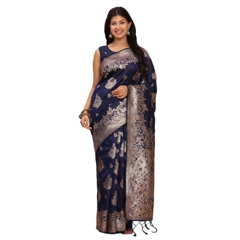 Women's Banarasi Silk Printed Saree — Navy Blue · 1063