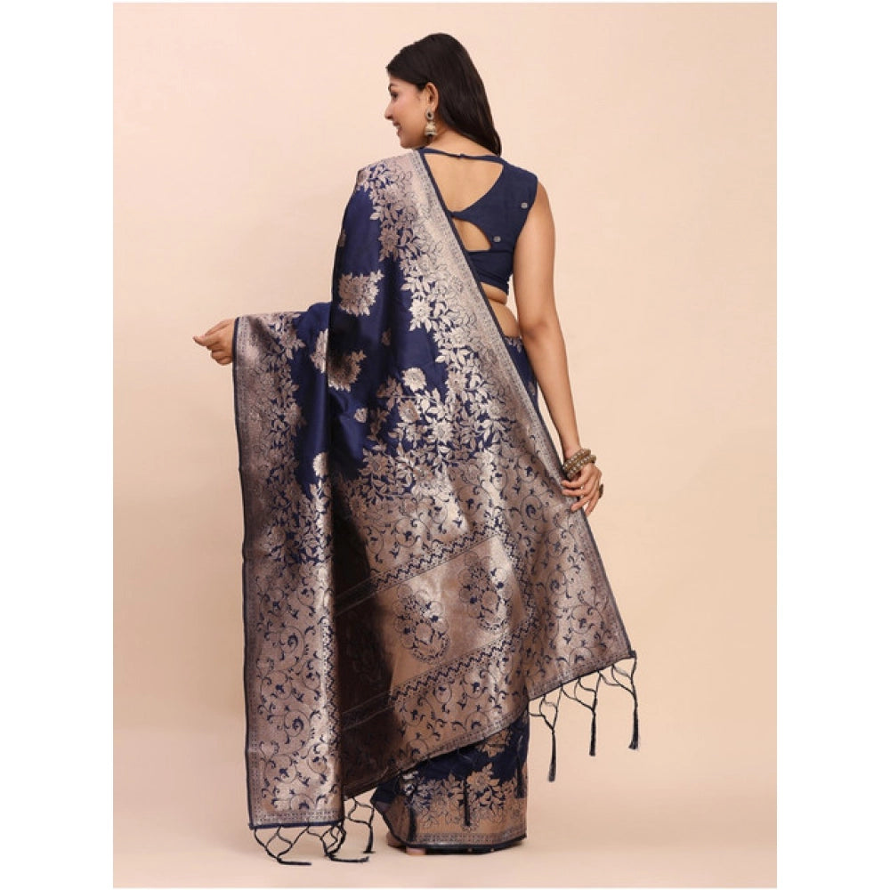 Women's Banarasi Silk Printed Saree — Navy Blue · 1063