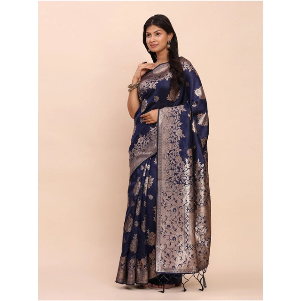 Women's Banarasi Silk Printed Saree — Navy Blue · 1063
