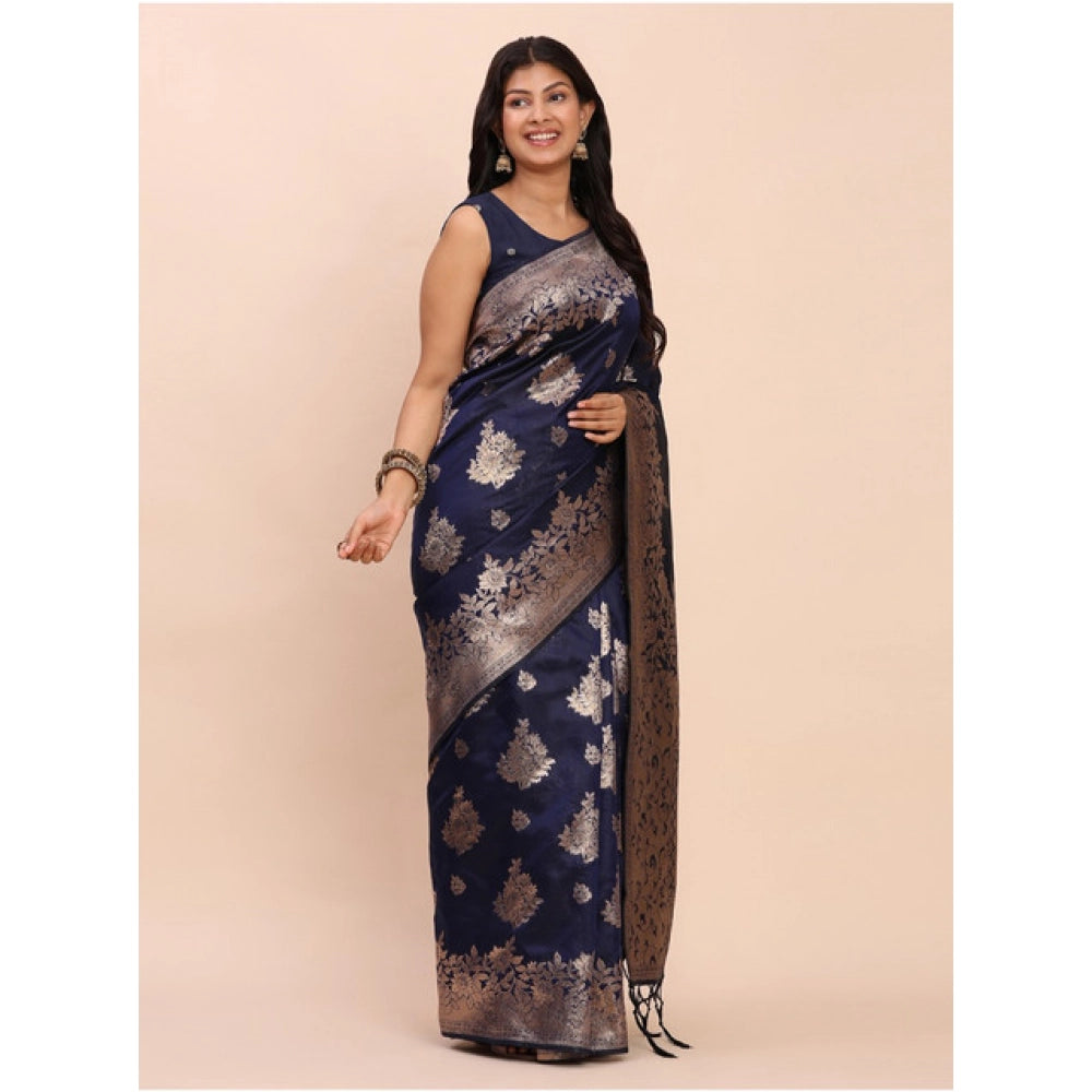 Women's Banarasi Silk Printed Saree — Navy Blue · 1063