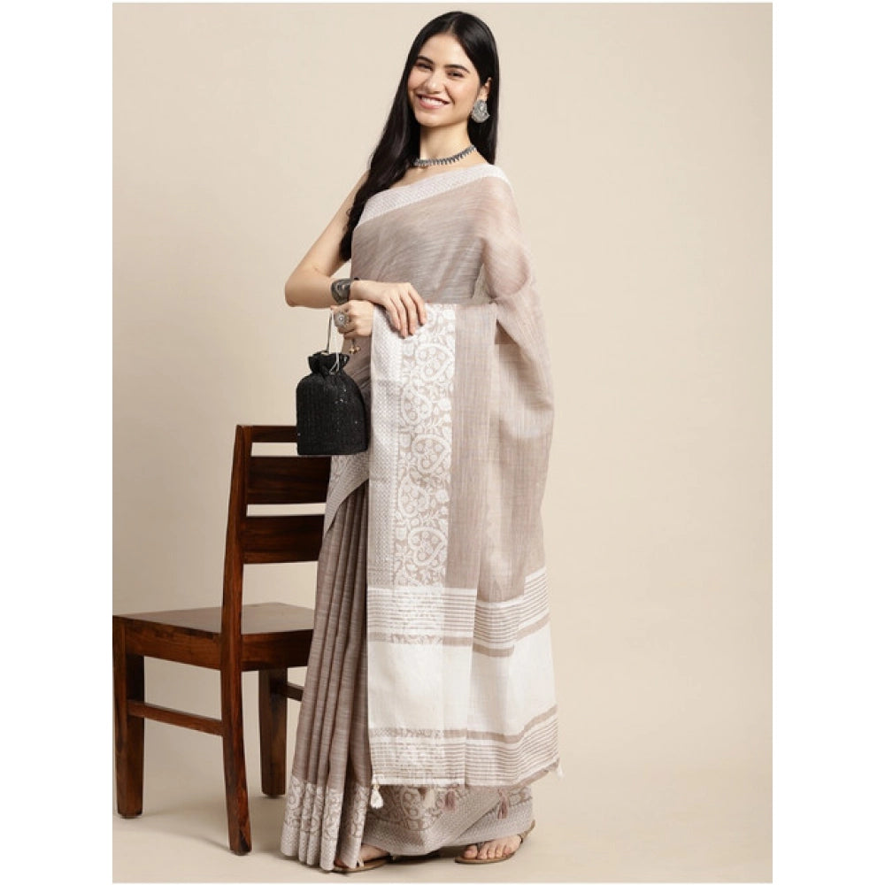 Women's Linen Printed Saree — Beige · 1066