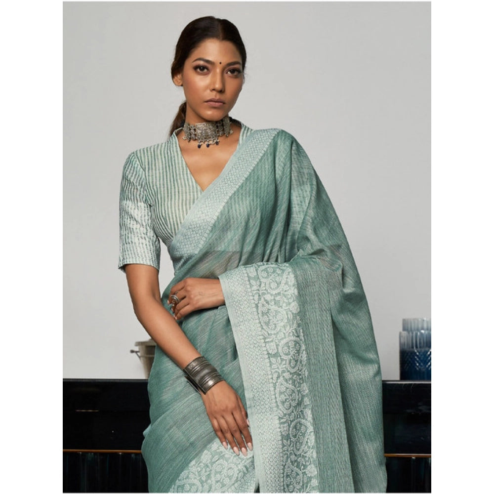 Women's Linen Printed Saree — Sea Green · 1067