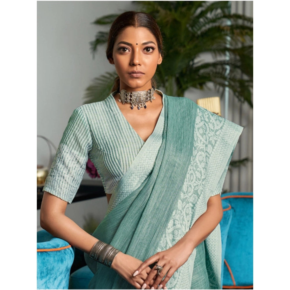 Women's Linen Printed Saree — Sea Green · 1067