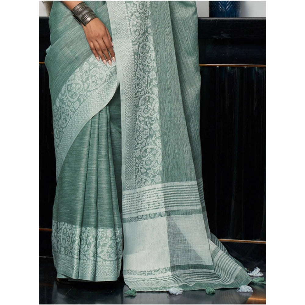 Women's Linen Printed Saree — Sea Green · 1067