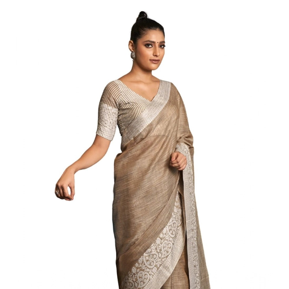 Women's Linen Printed Saree — Beige · 1069