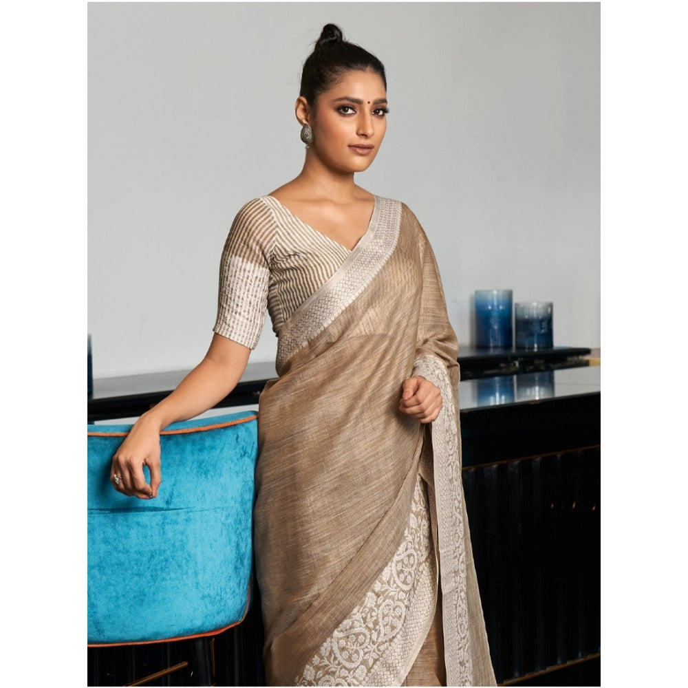 Women's Linen Printed Saree — Beige · 1069