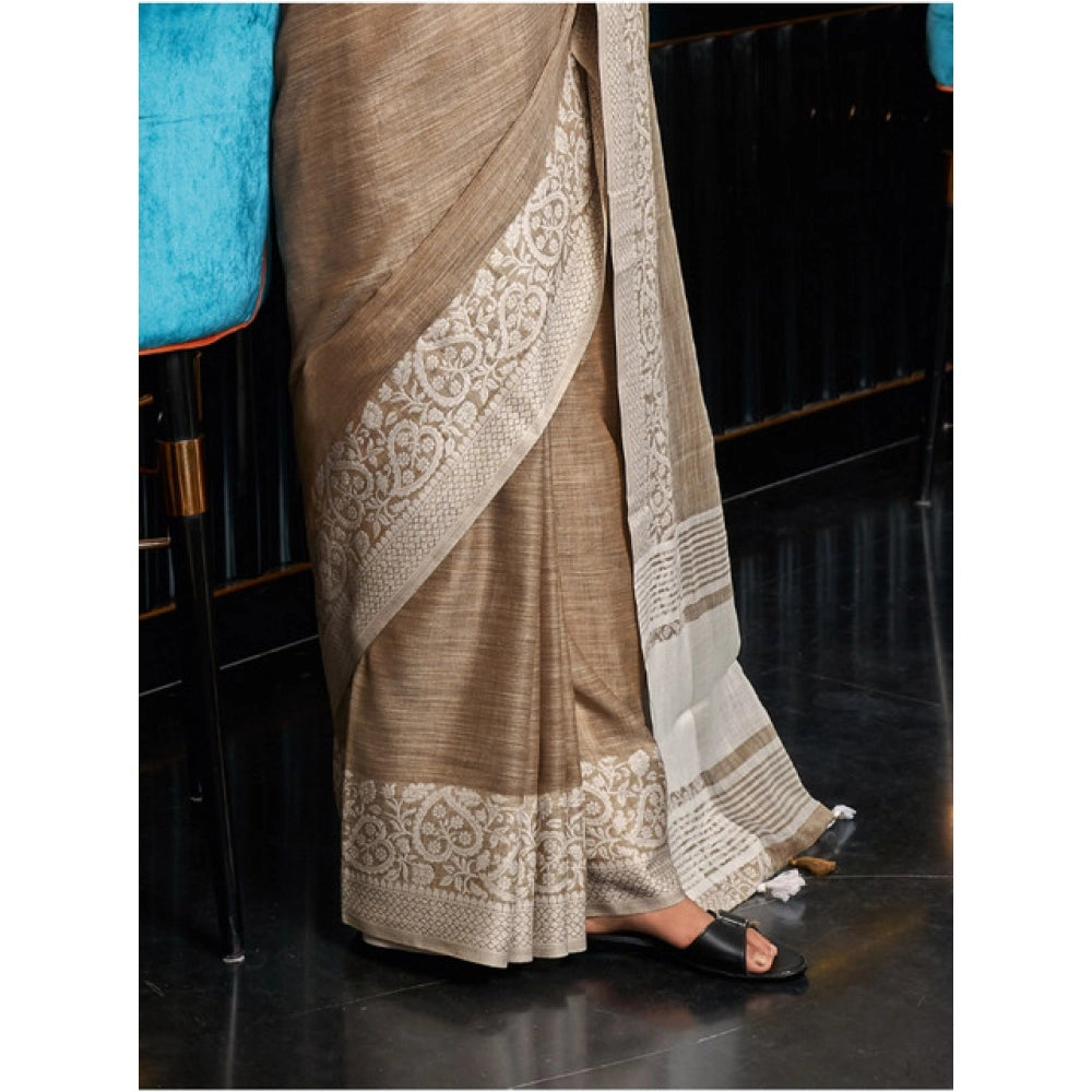 Women's Linen Printed Saree — Beige · 1069