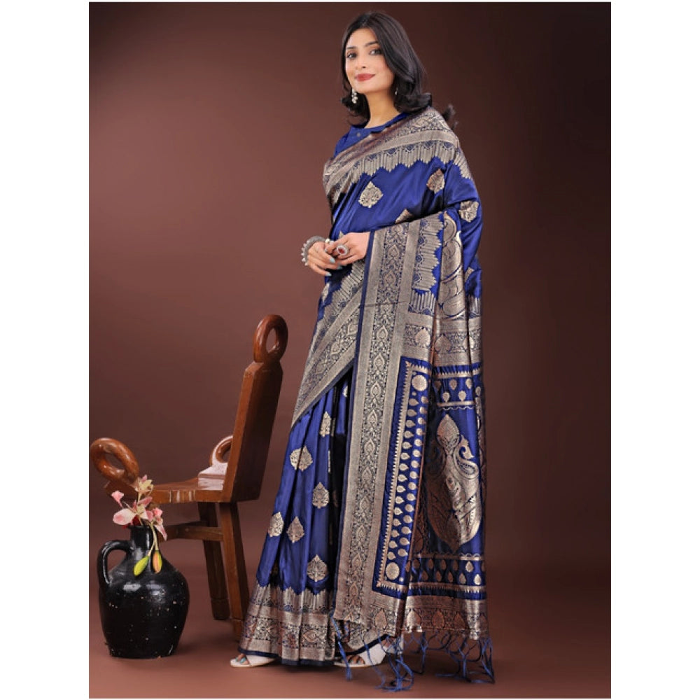 Women's Silk Printed Saree — Navy Blue · 1074