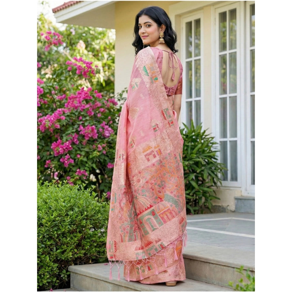 Women's Linen Cotton Printed Saree — Pink · 1077
