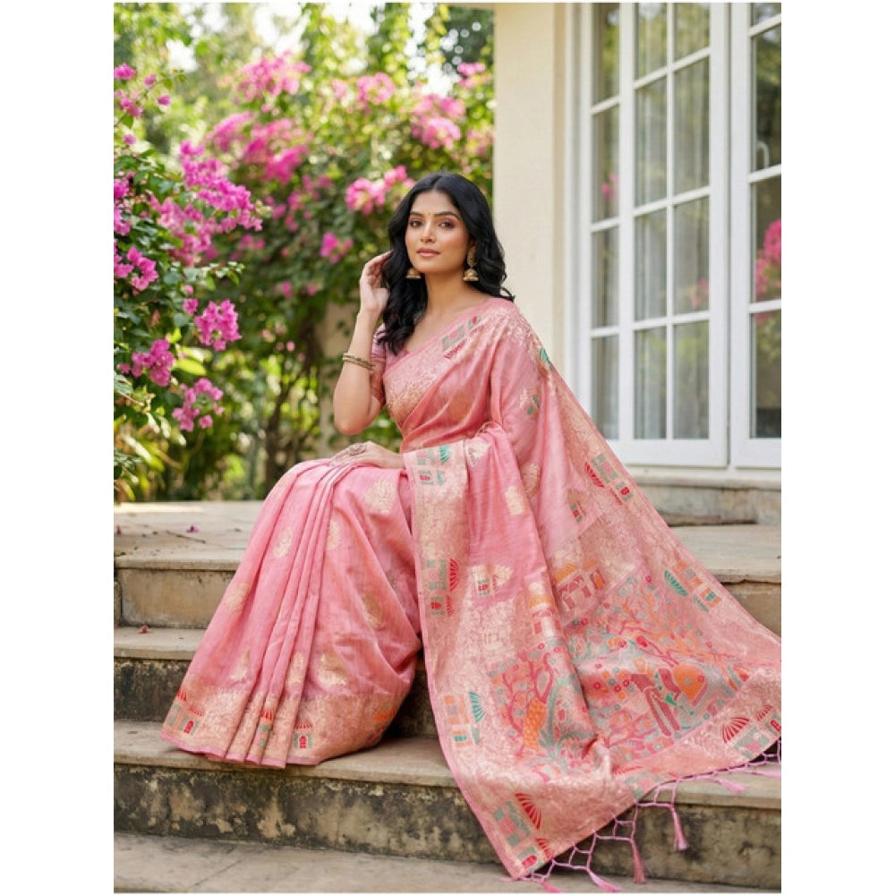 Women's Linen Cotton Printed Saree — Pink · 1077