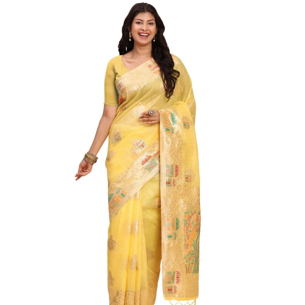 Women's Linen Cotton Printed Saree — Yellow · 1080