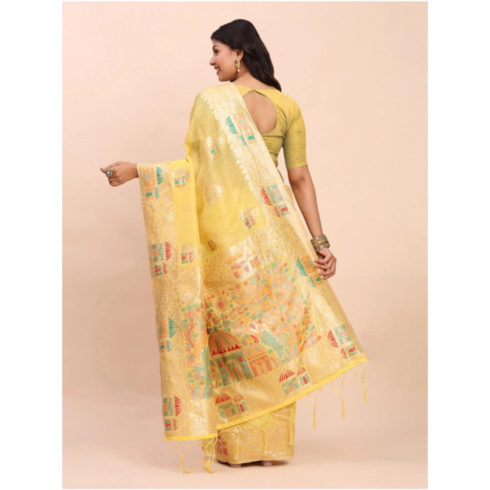 Women's Linen Cotton Printed Saree — Yellow · 1080