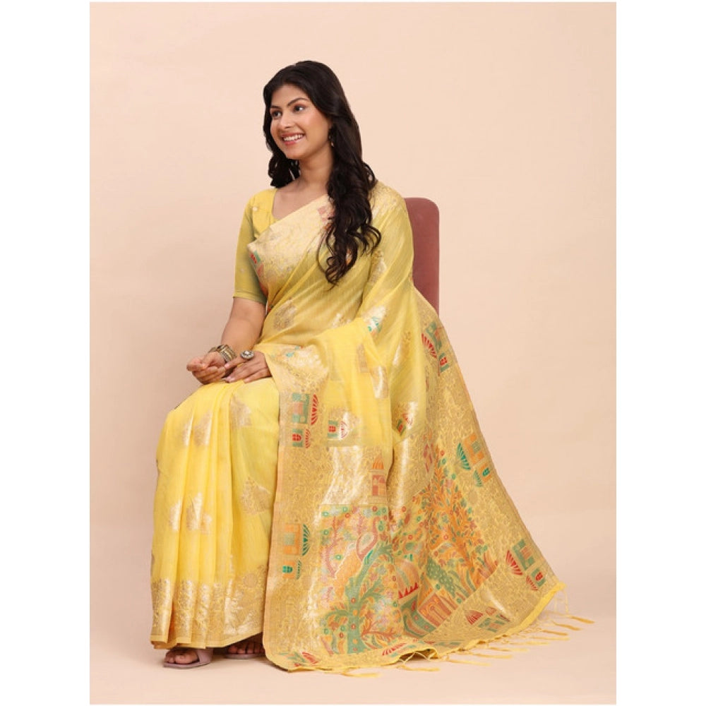 Women's Linen Cotton Printed Saree — Yellow · 1080