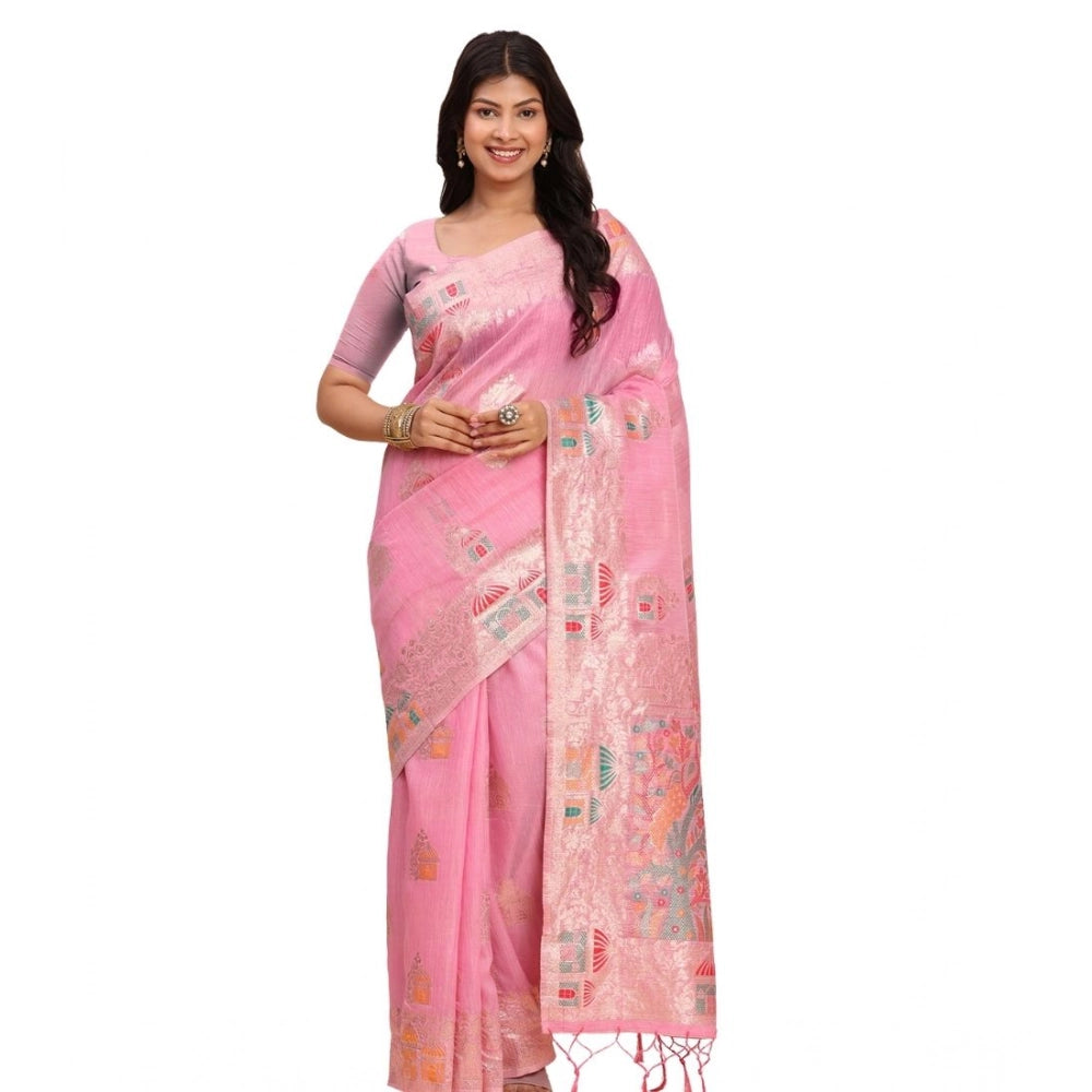 Women's Linen Cotton Printed Saree — Pink · 1081