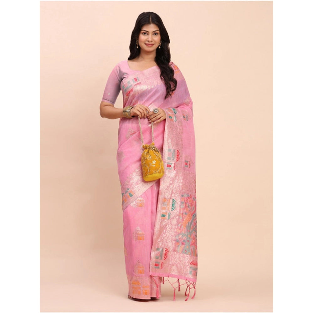 Women's Linen Cotton Printed Saree — Pink · 1081