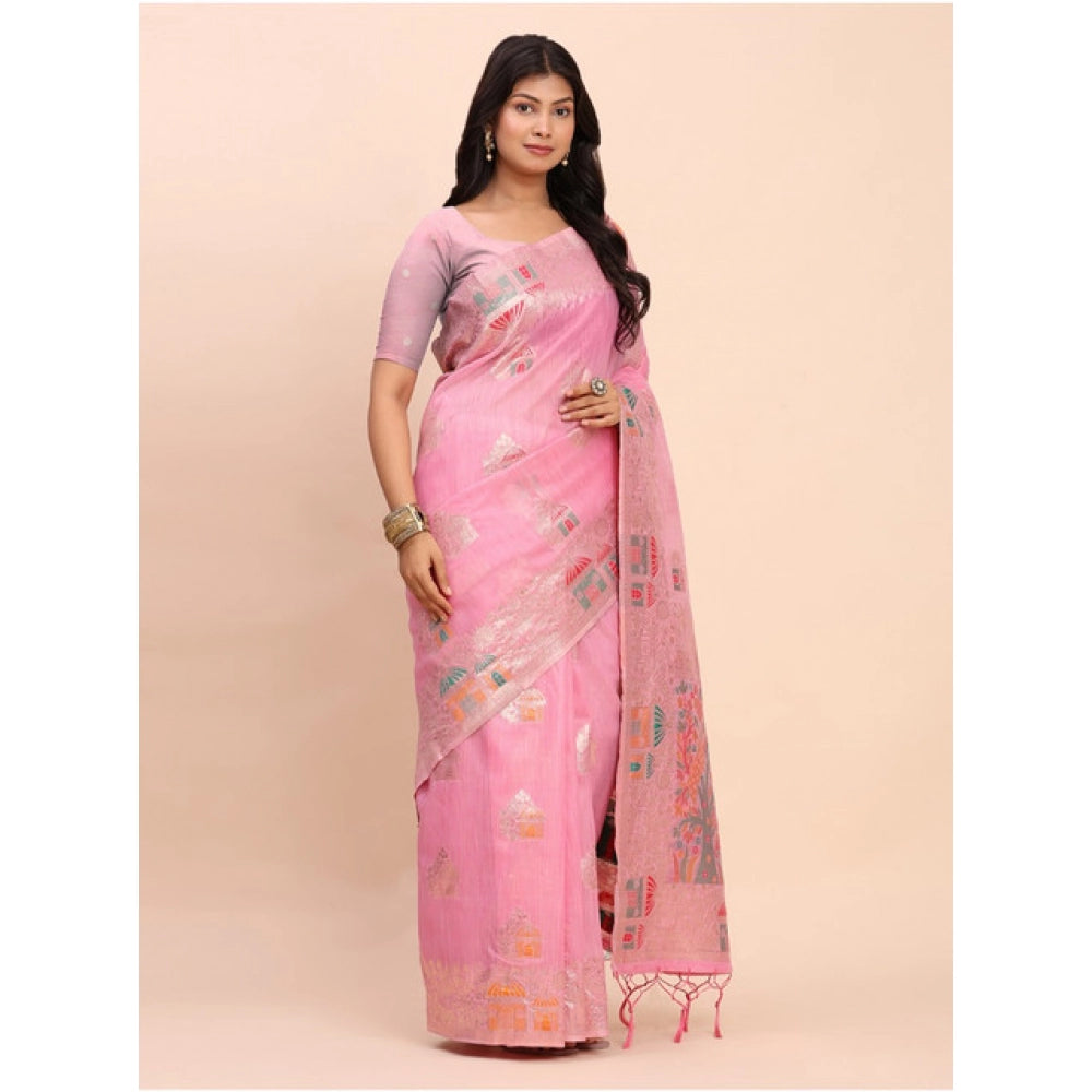 Women's Linen Cotton Printed Saree — Pink · 1081