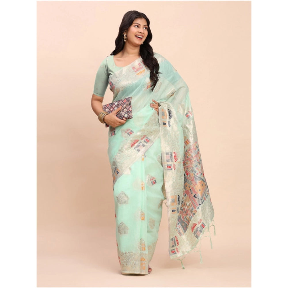 Women's Linen Cotton Printed Saree — Sea Green · 1082