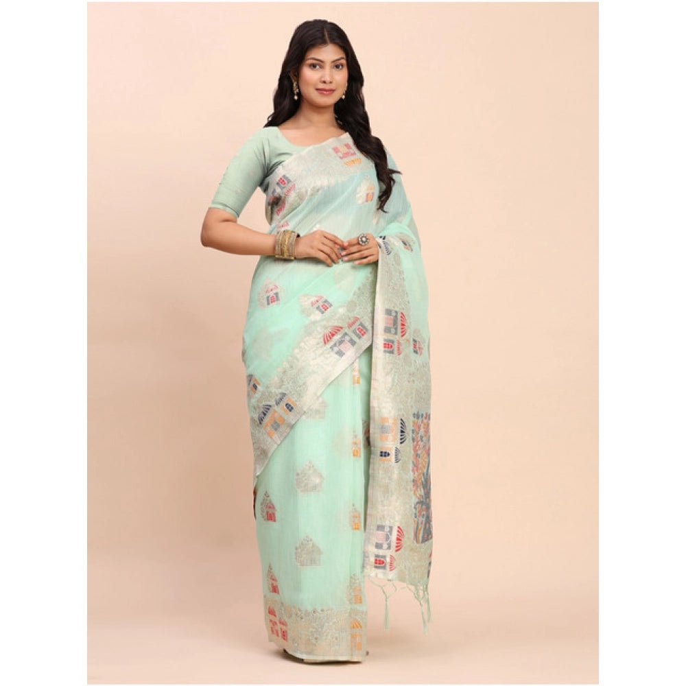 Women's Linen Cotton Printed Saree — Sea Green · 1082