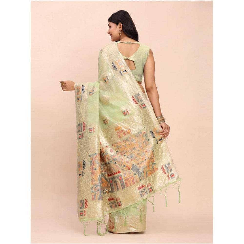 Women's Linen Cotton Printed Saree — Light Green · 1083