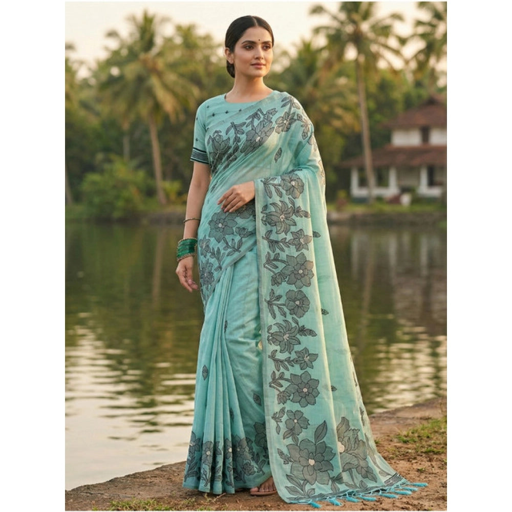 Women's Linen Cotton Printed Saree — Sea Green · 1084