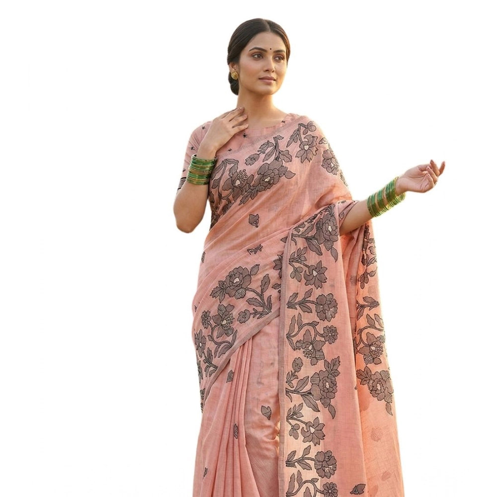Women's Linen Cotton Printed Saree — Orange · 1089