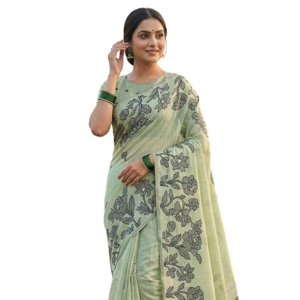 Women's Linen Cotton Printed Saree — Light Green · 1086